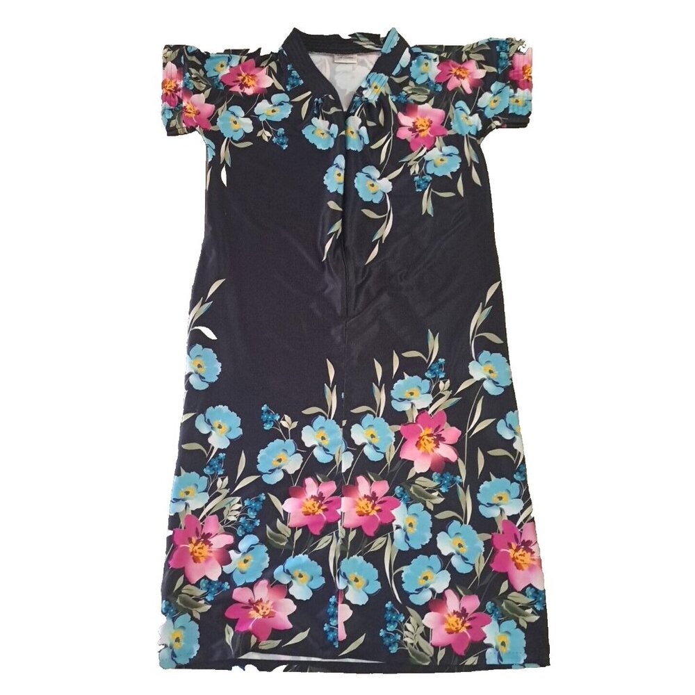 Womens Vintage Robe Black Floral 3/4 Zip Full Length Short Sleeve Pocket M